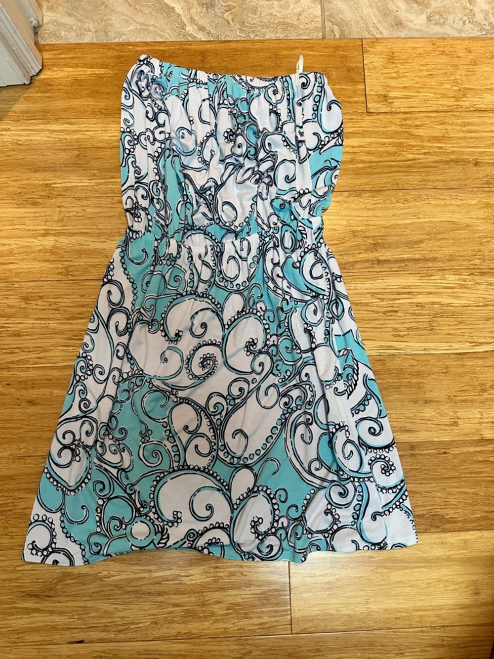 Lilly Pulitzer Mint, White and Black Strapless Printed Dress